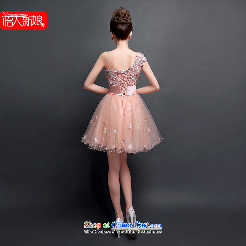 Click New dresses shoulder 2015 Spring/Summer lace marriages bows to Dinner Banquet Korean fashion Sau San bridesmaid short skirt pleasant bride meat pink M pleasant bride shopping on the Internet has been pressed.