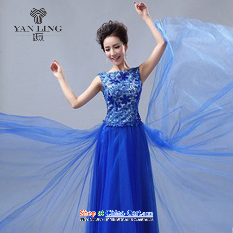 Charlene Choi Ling 2015 Red Dress Korean version of the new bride bows to marry a wedding Sau San field shoulder length_ LF1007 BLUE XXL