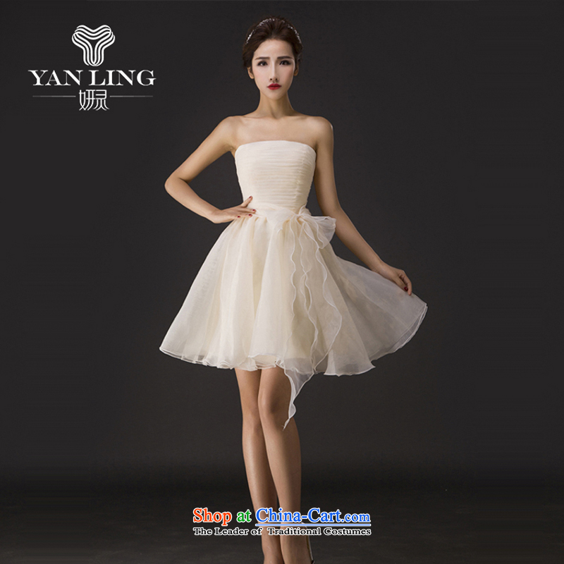 Charlene Choi Ling Spring New short, wedding dresses elegant temperament bridesmaid straps and chest wedding dress bride bows to champagne color L