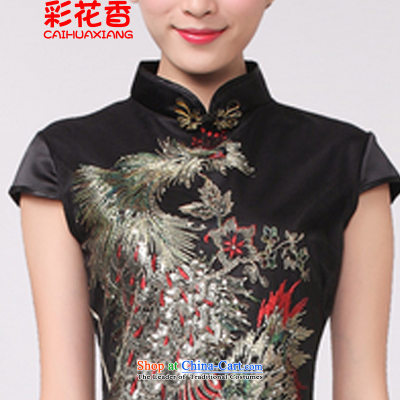 The fragrance of the Multimedia 2015 New Peacock hot embroidered peacock wedding celebration for the moms qipao qipao improved black , L, multimedia CAI HUA XIANG flowers) , , , shopping on the Internet