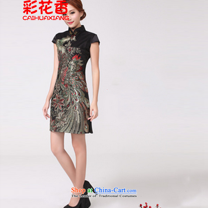 The fragrance of the Multimedia 2015 New Peacock hot embroidered peacock wedding celebration for the moms qipao qipao improved black , L, multimedia CAI HUA XIANG flowers) , , , shopping on the Internet