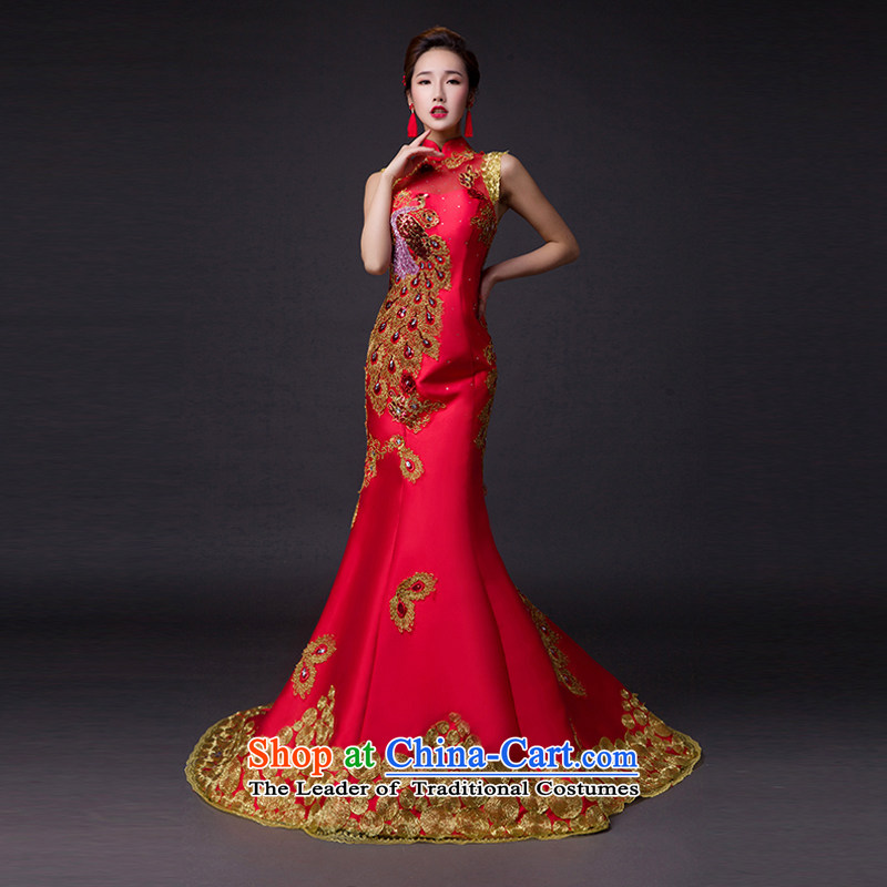 Hei Kaki?2015 new bows dress classic style of retro fine embroidery irrepressible tray clip dress skirt?L011?wine red left tailored Size
