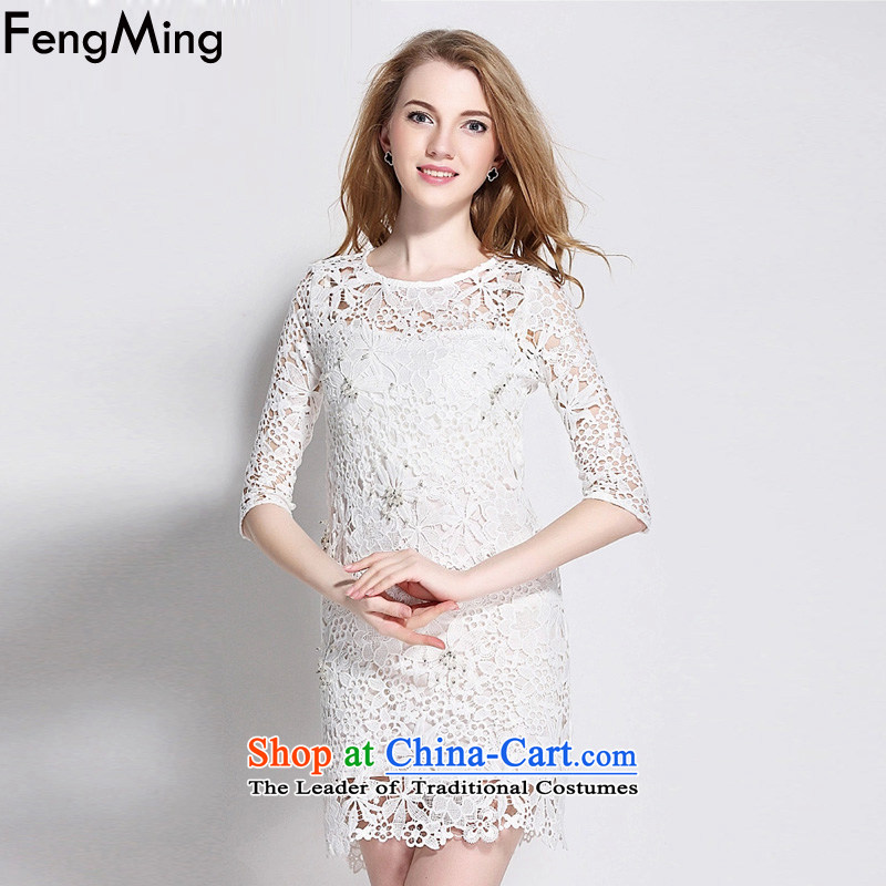 Hsbc Holdings Plc 2015 Summer Ming new European site heavy industry water-soluble silk dress female nails blossoms pearl package and Sau San dresses White M