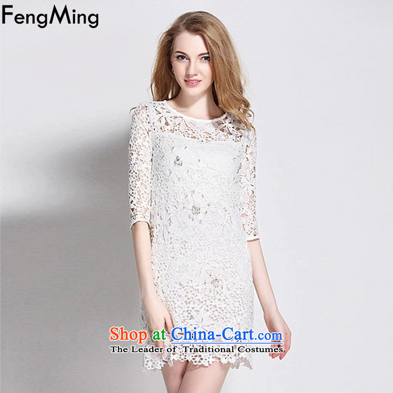 Hsbc Holdings Plc 2015 Summer Ming new European site heavy industry water-soluble silk dress female nails blossoms pearl package and Sau San dresses White M Fung Ming (fengming) , , , shopping on the Internet