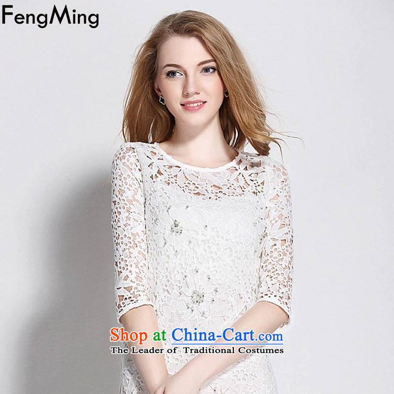 Hsbc Holdings Plc 2015 Summer Ming new European site heavy industry water-soluble silk dress female nails blossoms pearl package and Sau San dresses White M Fung Ming (fengming) , , , shopping on the Internet