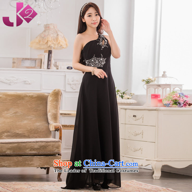 New high-end JK2 banquet hosted a dress xl shoulder nail pearl chiffon long graphics thin black dressXXXL recommendations about 185
