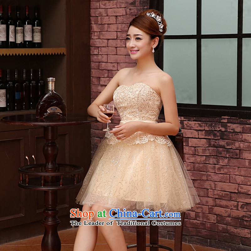 Syria bridesmaid dresses time New Evening Dress Short) bridesmaid services 2015 Korean straps and chest small dress skirt married women serving women bows champagne color S time Syrian shopping on the Internet has been pressed.