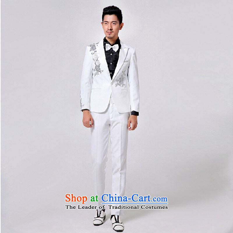 Will the men's dress men suits white Korean Aluminum Foil Moderator Singer Stage Costume white , plain bamboo 185(XXL)180 love yarn , , , shopping on the Internet