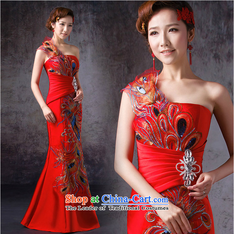 The first white into about bride red crowsfoot bows services long single shoulder evening dresses retro shoulder cheongsam dress qipao Sau San banquet back straps, M, white first into about shopping on the Internet has been pressed.