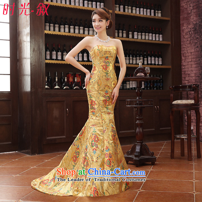 Time Syrian evening dresses 2015 new moderator tail dress gold crowsfoot qipao etiquette evening robes of the dragon, Bridal Services evening drink banquet stage costumes yellow?S