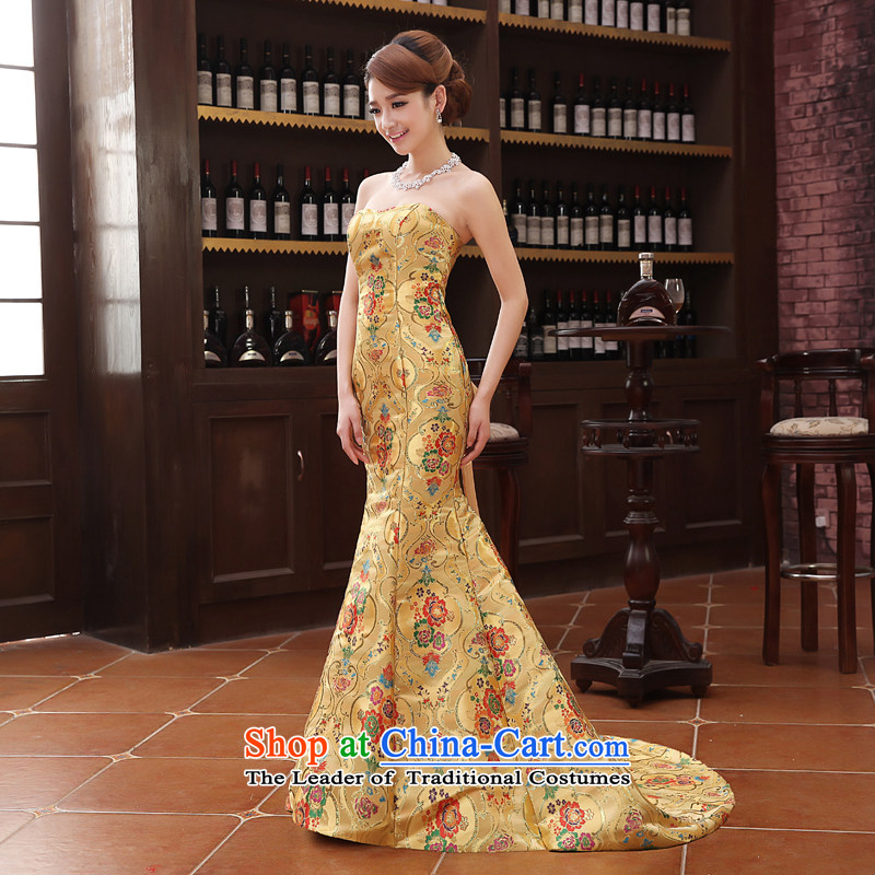 Time Syrian evening dresses 2015 new moderator tail dress gold crowsfoot qipao etiquette evening robes of the dragon, Bridal Services evening drink banquet stage costumes yellow S, Syria has been pressed time shopping on the Internet