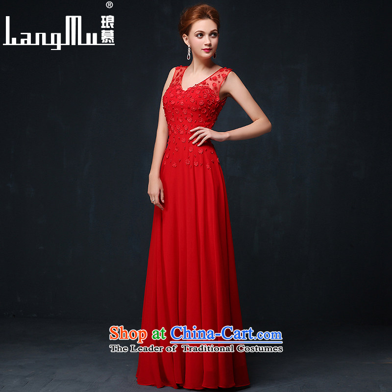 The bride wedding dresses Luang 2015 new summer shoulders long drink red dress uniform deep V-Neck dress chinese red M, Luang in , , , shopping on the Internet