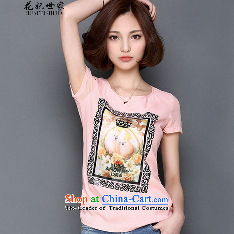 Take concubines and 2015 Korean saga large relaxd dress thick mm Sau San 3D Vision stamp short-sleeved T-shirt gauze forming the pink shirt3XL
