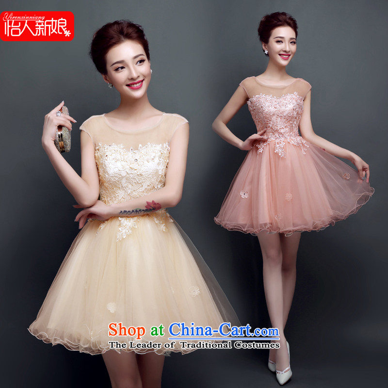 In spring and summer 2015 new bridesmaid small dress the word skirt short, bows to shoulder the girl evening performances wedding dress pleasant bride champagne color A, S, pleasant bride shopping on the Internet has been pressed.