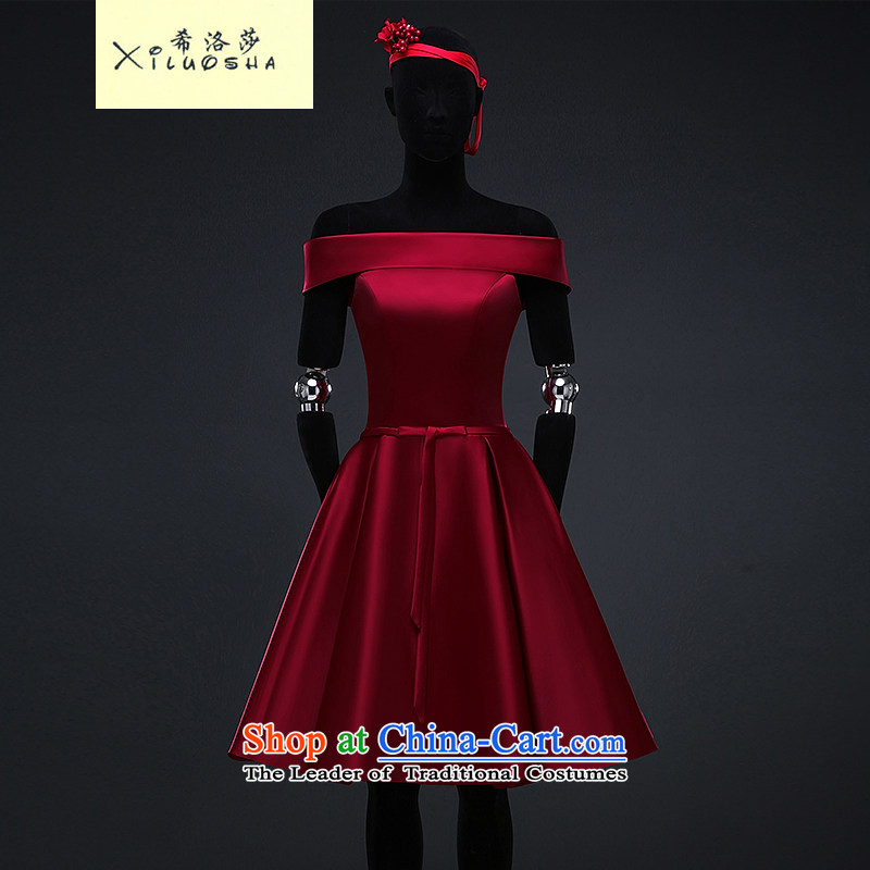 Hillo Lisa _XILUOSHA evening dress_ 2015 new evening banquet marriage small word satin dress shoulder the girl brides bows services summer is shorter, wine red?XXL