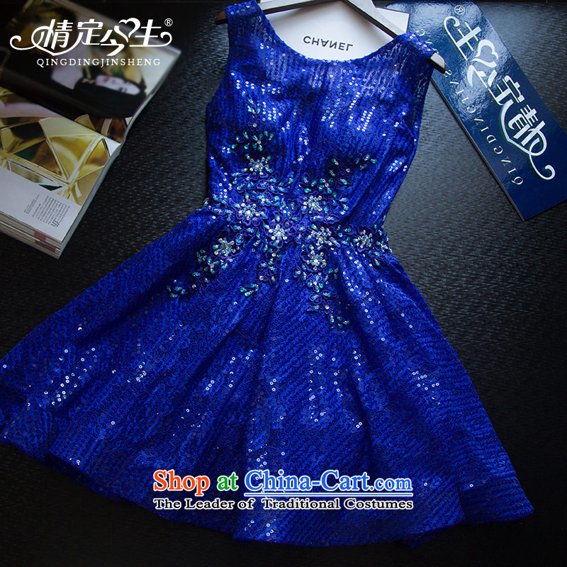 Love of the overcharged elegant nail Pearl 2015 Summer new word shoulder round-neck collar back short, bows to skirt marriage bridesmaid service banquet dinner dress Sapphire Blue M love of the overcharged shopping on the Internet has been pressed.
