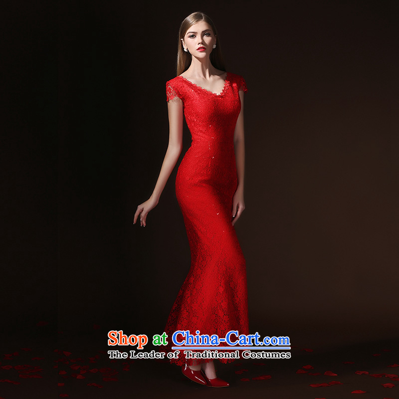 According to Lin Sha bows Service Bridal Fashion bows services evening dresses long crowsfoot Sau San slotted shoulder wedding spring and summer wedding dress according to Lin Sha Red XL, , , , shopping on the Internet