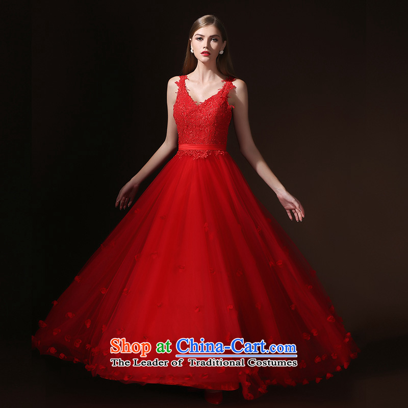 According to Lin Sha 2015 new long red Korean bridal dresses V-Neck bows lace evening dress skirt female red L