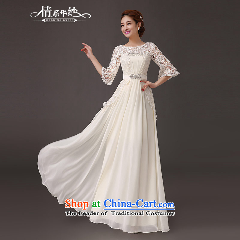 Qing Hua yarn of autumn and winter 2015 new round-neck collar slotted shoulder parquet drill length_ cuff dress marriage bridesmaid to skirt champagne color M