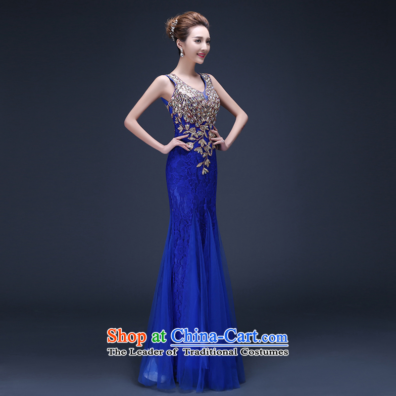 2015 new summer marriages Sau San long large graphics thin red shoulders annual service dress toasting champagne blue dress XL , Suzhou embroidery brides shipment has been pressed shopping on the Internet
