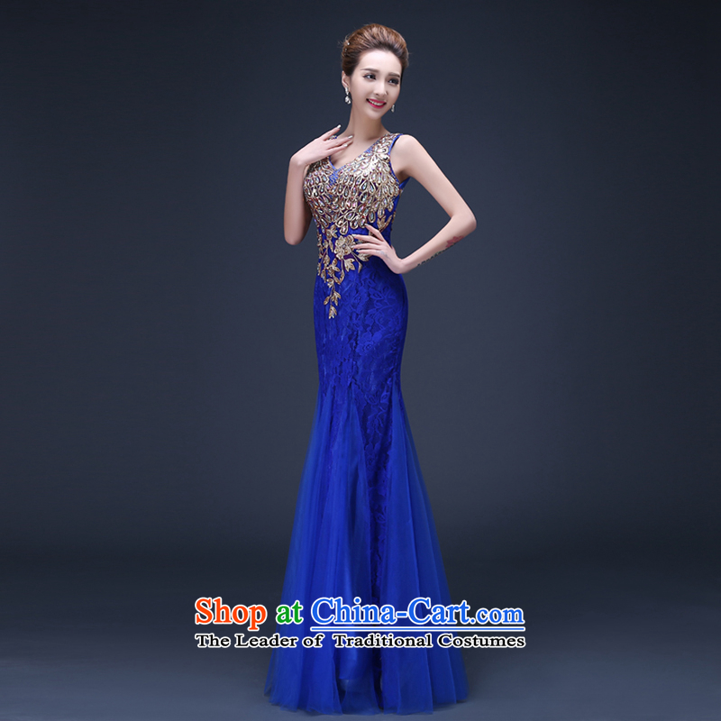 2015 new summer marriages Sau San long large graphics thin red shoulders annual service dress toasting champagne blue dress XL , Suzhou embroidery brides shipment has been pressed shopping on the Internet