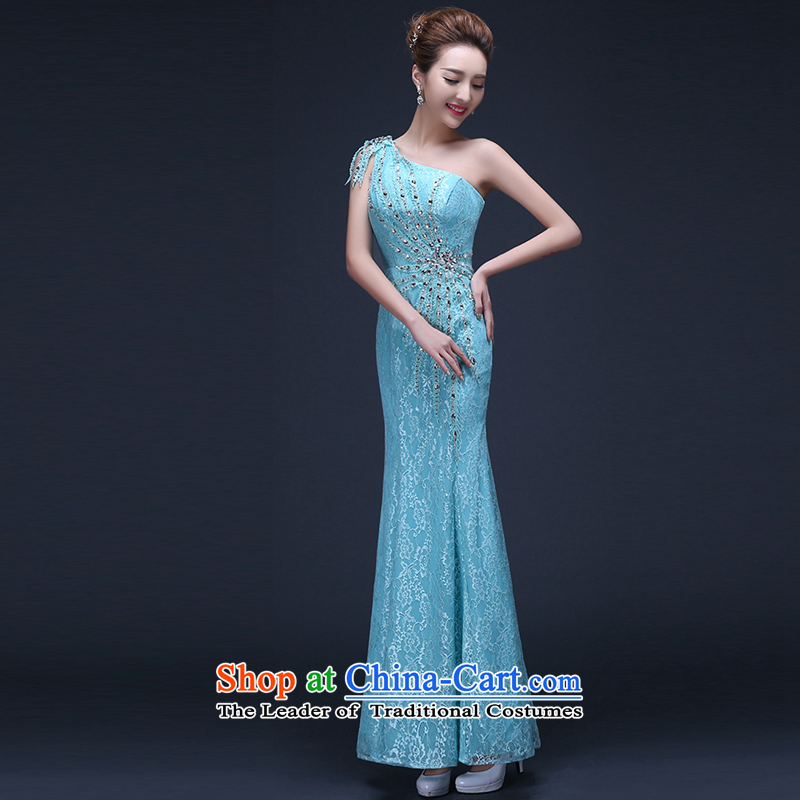 Toasting champagne bride services 2015 new long large graphics thin shoulder annual Sau San evening dresses moderator summer sky blue tailor-made be no refund, embroidered bride shopping on the Internet has been pressed.