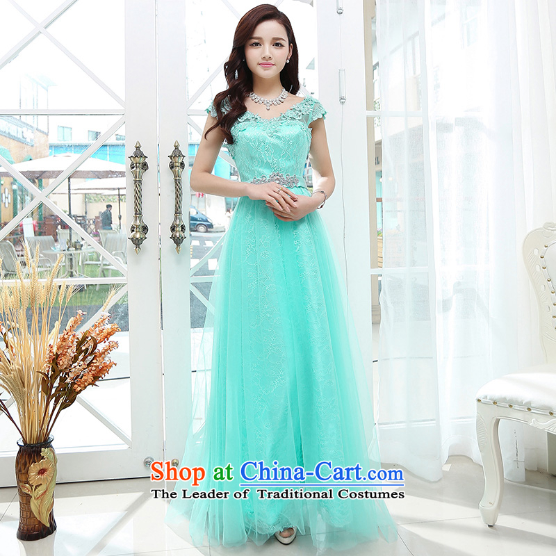 Summer 2015 new trendy decorated flowers adorned with bright long elegance evening dress blue S