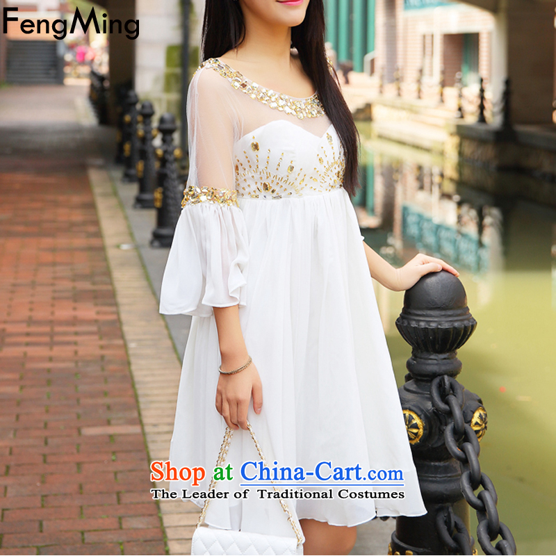 Hsbc Holdings Plc 2015 Autumn Ming dresses new luxury heavy industry staples bead dress skirt gold water drilling off the cuff large white S, HSBC goddess skirt Ming (fengming) , , , shopping on the Internet