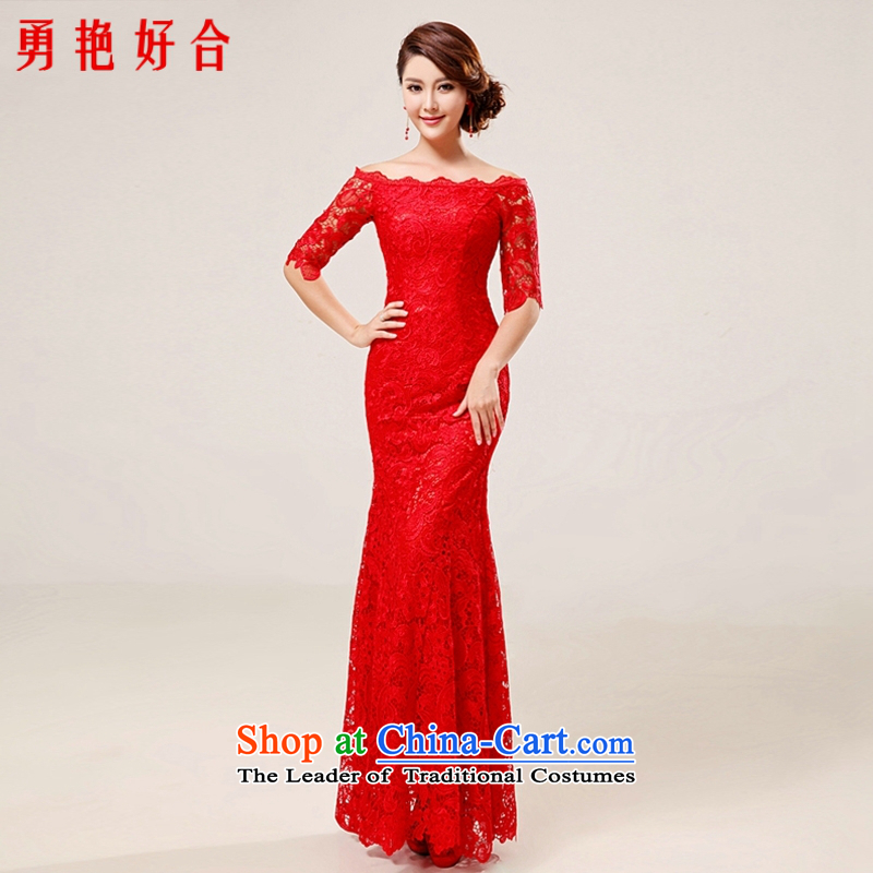Yong-yeon and 2015 New lace a qipao field in shoulder bows cuff straps improved red bride wedding dress red long?XL