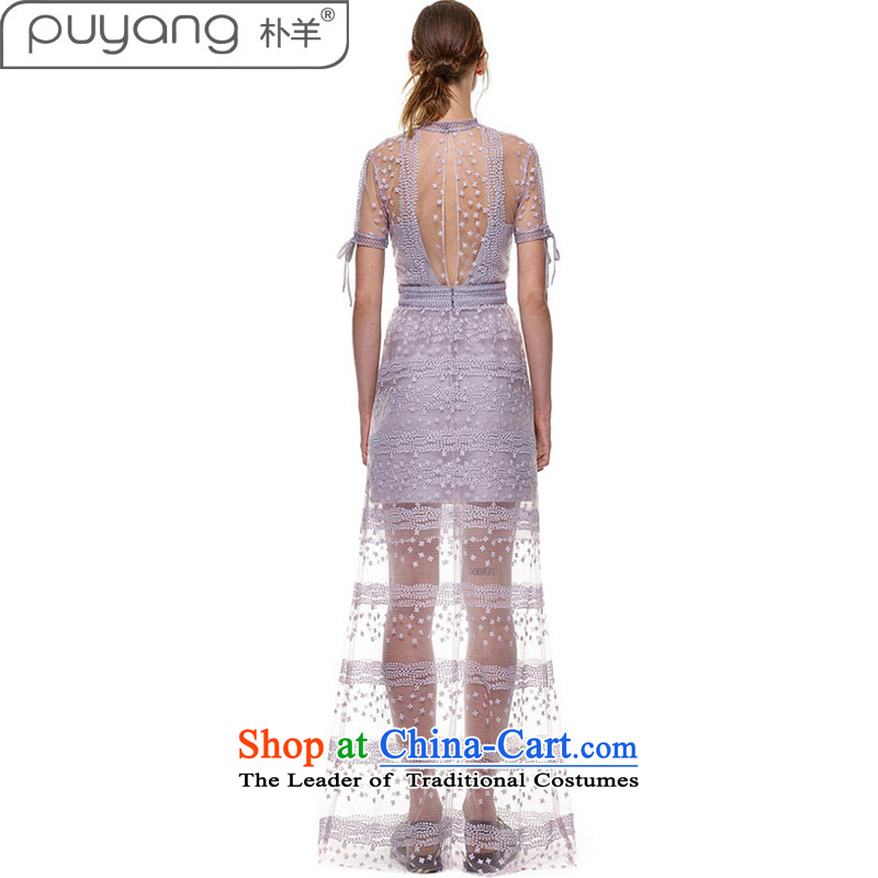 2015 European and American star Park sheep with lace dresses elegant aristocratic engraving sexy dress back long skirt light purple , L, Park sheep PUYANG) , , , shopping on the Internet