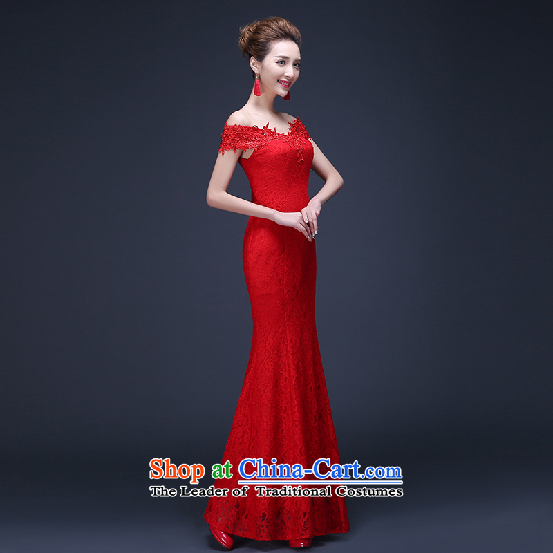 The Korean version of the 2015 red lace a shoulder Sau San long crowsfoot marriages annual service dress drink red made be no refund, embroidered bride shopping on the Internet has been pressed.