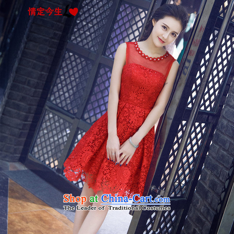 Love of the life of the new Word 2015 Summer Korean shoulder foutune zipper, Red Dress lace diamond round-neck collar small red dress L