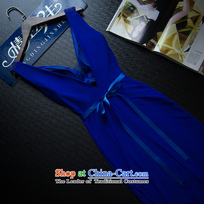 Love of the life of the new 2015 sexy deep V-Neck Crowsfoot Sau San video upscale banqueting dress thin blue long skirt blue S love of the overcharged shopping on the Internet has been pressed.
