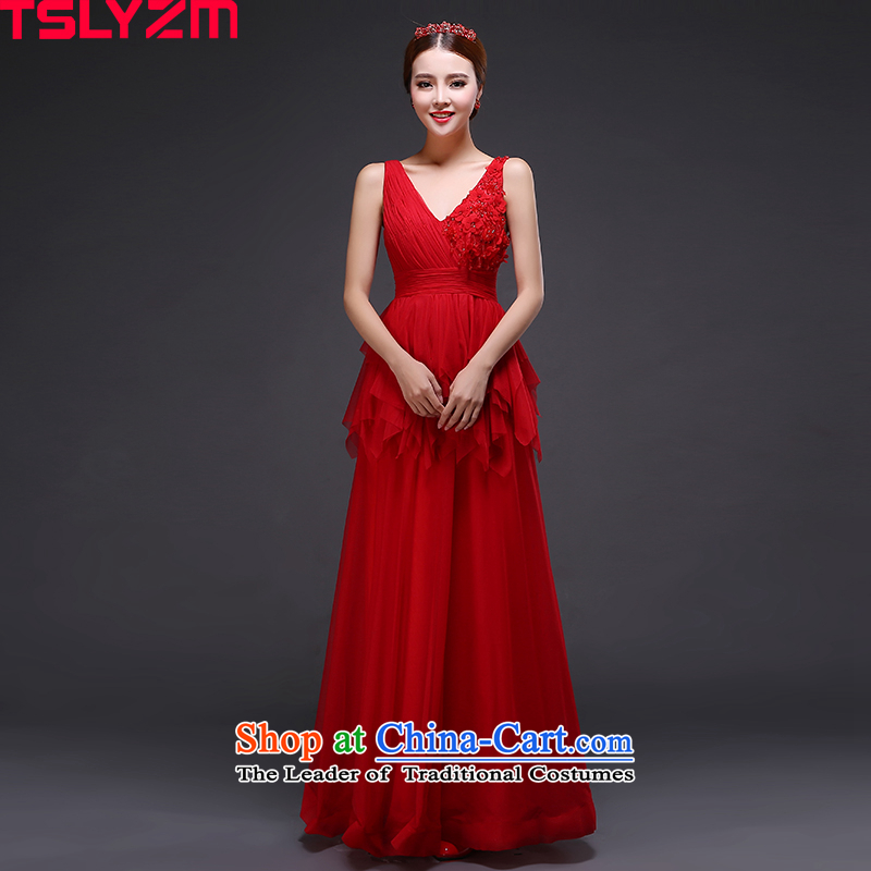 The Bride Top Loin of toasting champagne tslyzm services shoulders lace evening dress long 2015 new V-neck in the autumn and winter back Diamond Video thin pregnant women chiffon skirt red?XXL