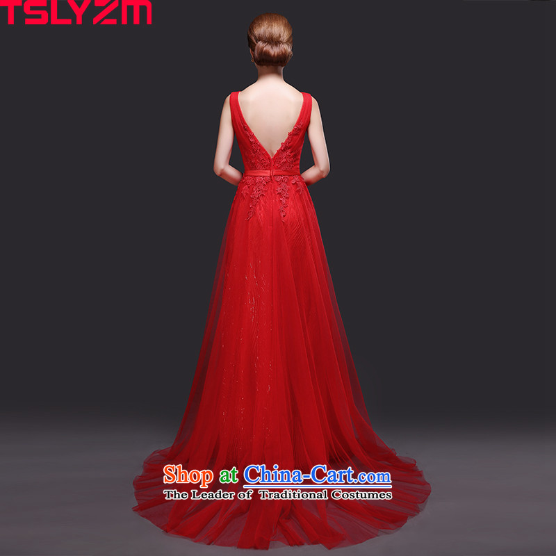 Tslyzm bride wedding dress shoulders V-Neck long tail bows to serve small 2015 new autumn and winter chiffon back twine bow knot banquet evening dresses red s,tslyzm,,, shopping on the Internet