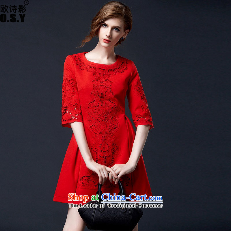 The OSCE Poetry Film 2015 Autumn replacing new heavy industry embroidery engraving Check cuff flower in the skirt red marriages bows dress female red L