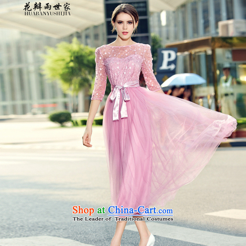 Rain family   should be summer petals new women in cuff chiffon Netting Embroidery in long skirt large dresses generation 263651280 pink flower petals rain saga has been pressed, L, online shopping