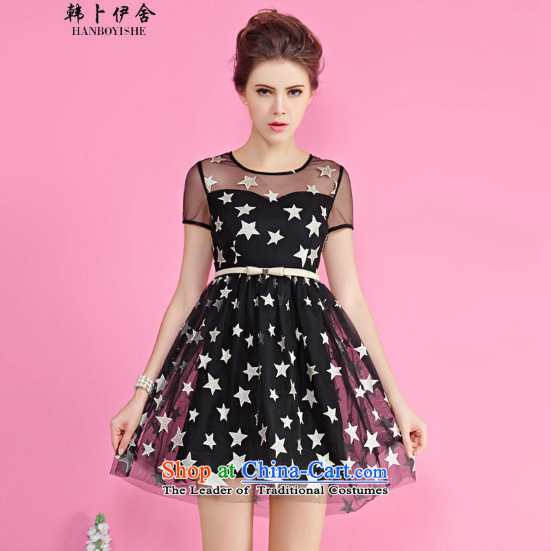 Korea Pu esher? fragmented new Europe and the stars in the summer and sexy OSCE root yarn embroidery short-sleeved short skirt generation 263653085 black?L
