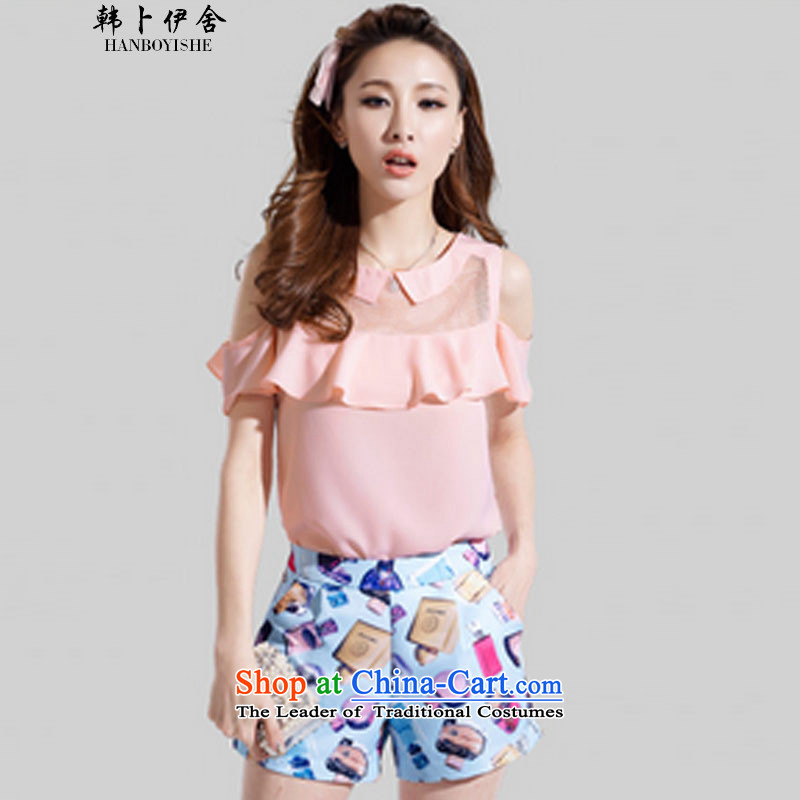 Korea Pu esher nearly two kits for larger blouses bare shoulders chiffon short-sleeved stamp stylish package 327B980339 complaints pinkM
