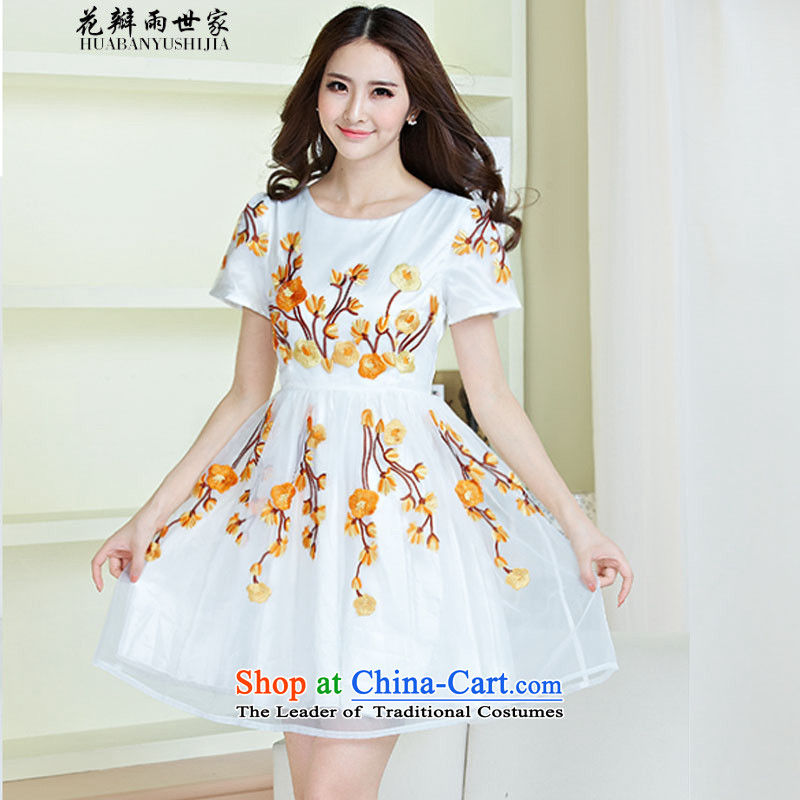 Rain family  should petals summer new women's dresses porcelain embroidery the lace Korean yarn short-sleeved generation 263605090 yellowS