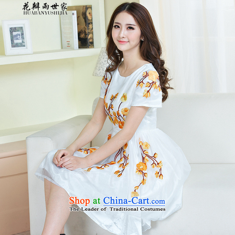 Rain family   should petals summer new women's dresses porcelain embroidery the lace Korean yarn short-sleeved yellow S petals 263605090 generation rain family shopping on the Internet has been pressed.