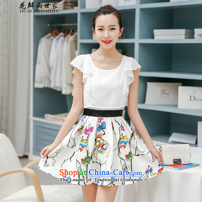Rain family   should be summer petals new Korean fake two Foutune of stamp chiffon dresses in 40880759 safflower XL, rain family has been pressed petals shopping on the Internet