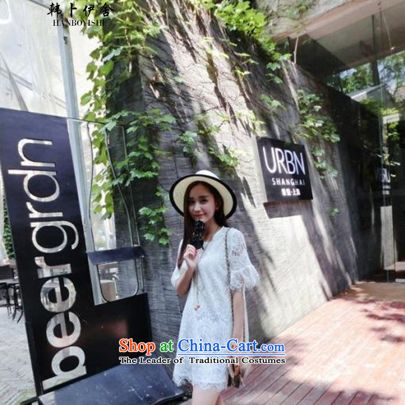 Korea Pu esher  fragmented summer new sweet eyelashes lace Korean loose short-sleeved dresses in Long White XL, won the 335A102338 Pu (HANBOYISHE esher) , , , shopping on the Internet