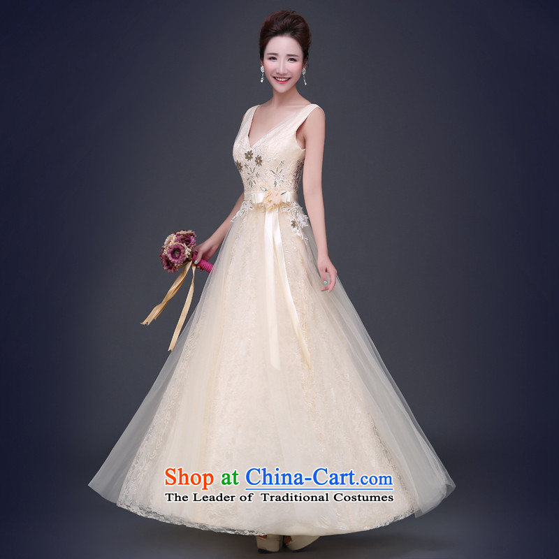 Jie mija evening dresses 2015 new summer champagne color shoulders short, small dress bridesmaid serving long banquet moderator female longM
