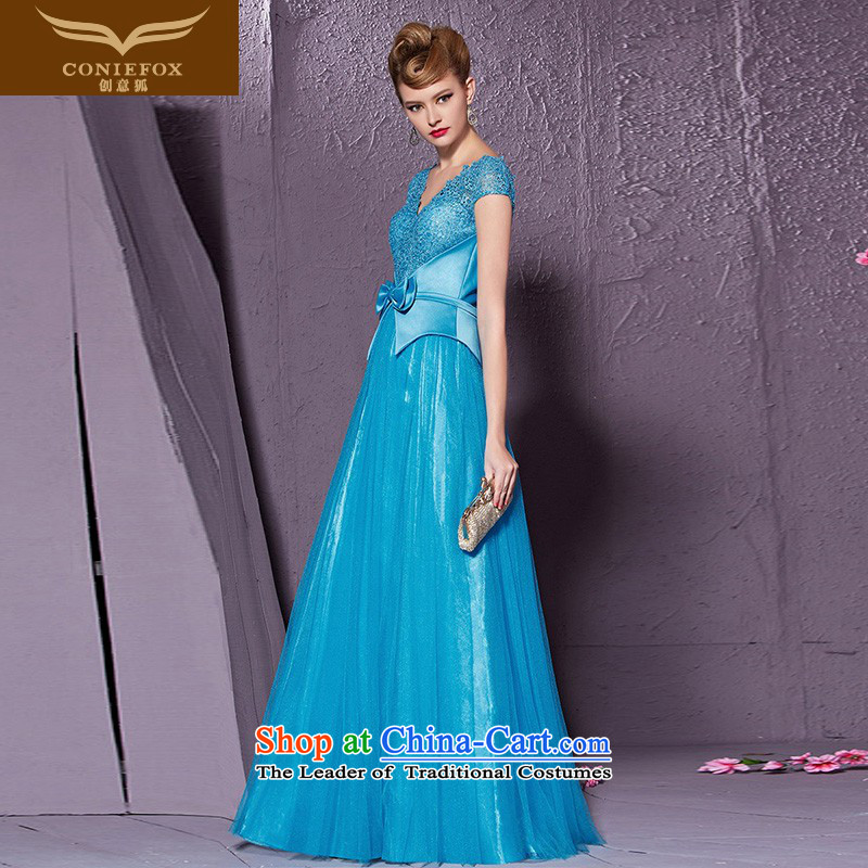Creative New 2015 Fox Blue V-Neck banquet dinner dress bow tie back evening dress bows services under the auspices of the annual session of 30911 M, creative dress Blue Fox (coniefox) , , , shopping on the Internet