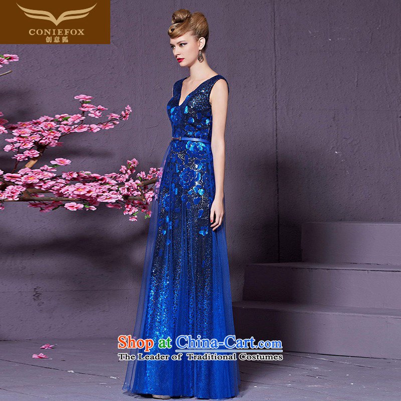 Creative Fox blue shoulders banquet evening dresses  V-Neck long marriage services under the auspices of the Sau San stylish bows will evening dress long skirt 30920 Blue Fox (coniefox S creative) , , , shopping on the Internet
