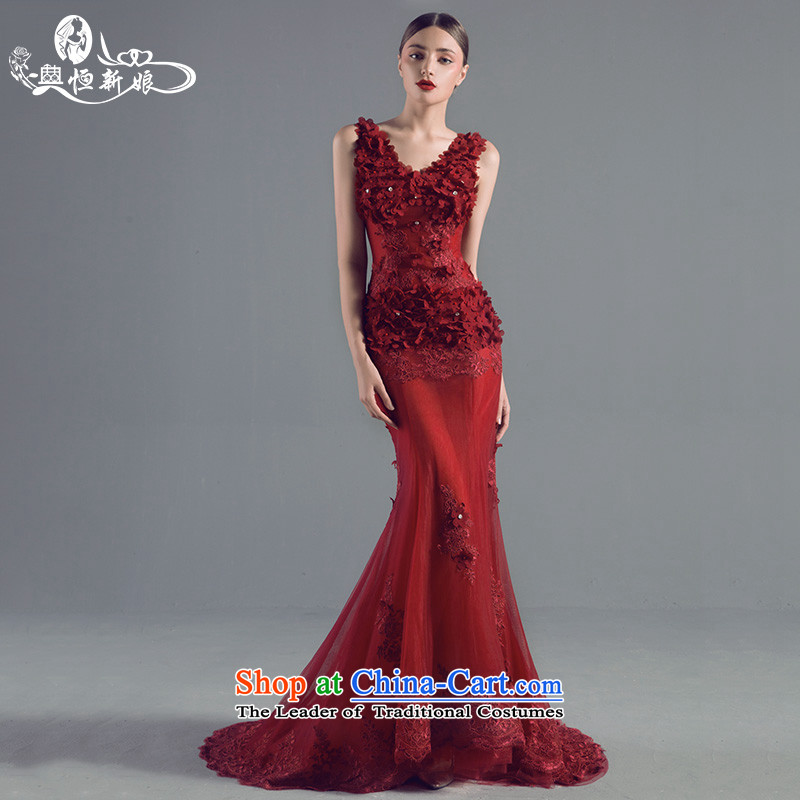 Noritsune bride wedding dresses 2015 new wine red dress Sau San Sham V flowers crowsfoot dress fluoroscopy marriage, banquets, under the auspices of the Dress RED M