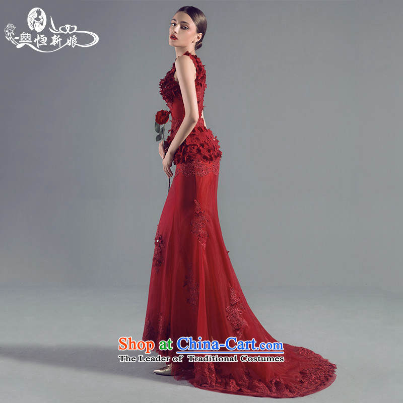Noritsune bride wedding dresses 2015 new wine red dress Sau San Sham V flowers crowsfoot dress fluoroscopy marriage, banquets, under the auspices of the Dress Code Red M hang bride shopping on the Internet has been pressed.