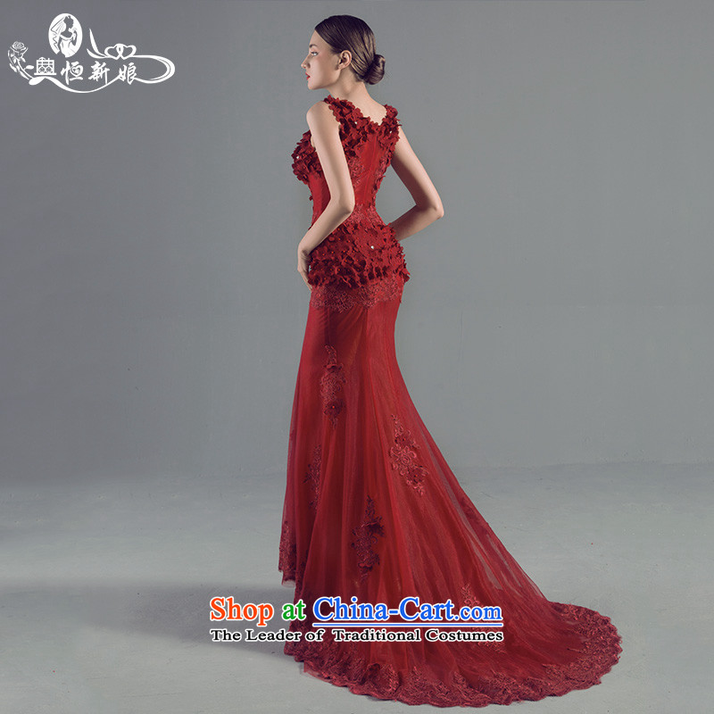 Noritsune bride wedding dresses 2015 new wine red dress Sau San Sham V flowers crowsfoot dress fluoroscopy marriage, banquets, under the auspices of the Dress Code Red M hang bride shopping on the Internet has been pressed.