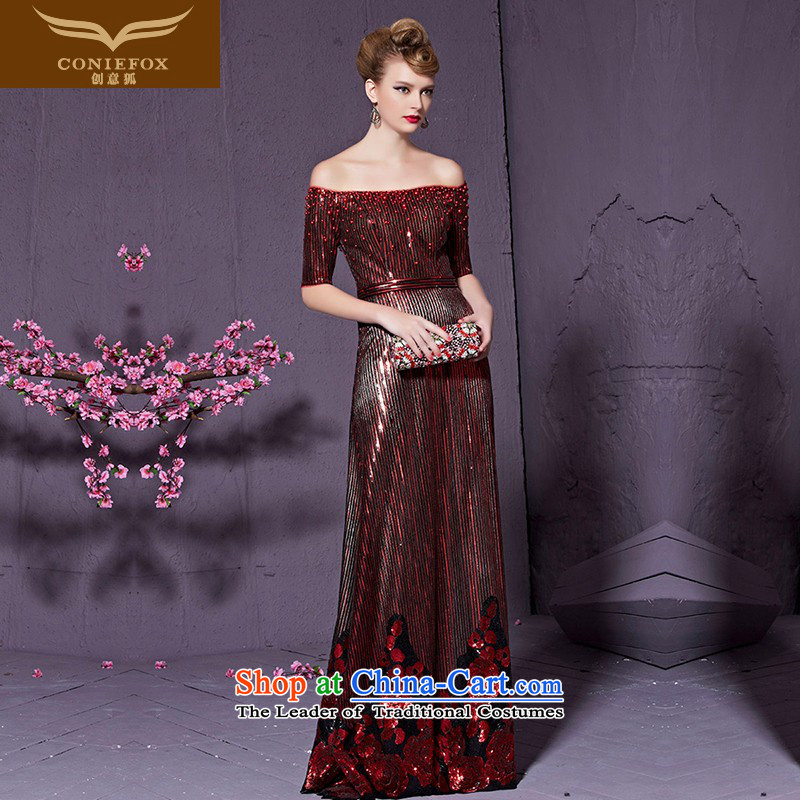 Creative New 2015 Fox Red slotted shoulder bride wedding dress evening drink served long banquet hosted stylish evening dresses 30960 female wine red XL